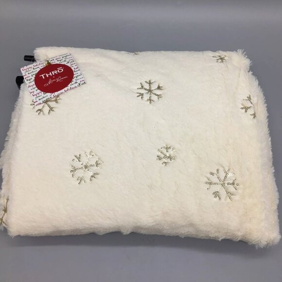NEW THRO Gold Sequins Snowflakes Ivory Faux Fur Throw Blanket Christmas Holidays - Picture 3 of 8